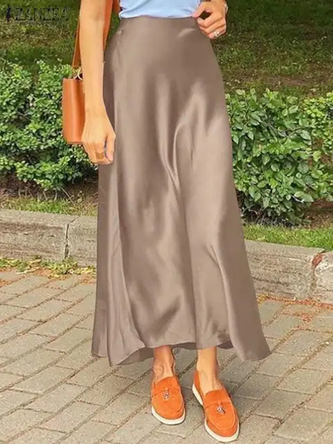 ZANZEA Spring Satin Silk Faldas Saia Women Skirt Autumn Ankle Length Back Zipper Jupe Elegant Fashion Party Solid Sundress 2023