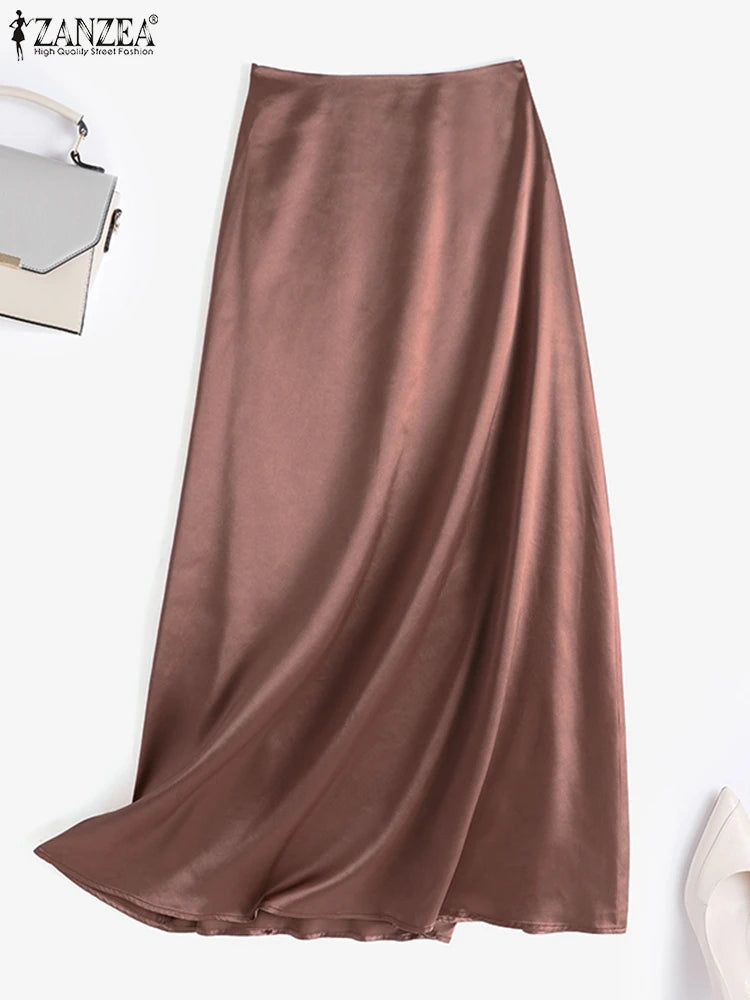 ZANZEA Spring Satin Silk Faldas Saia Women Skirt Autumn Ankle Length Back Zipper Jupe Elegant Fashion Party Solid Sundress 2023