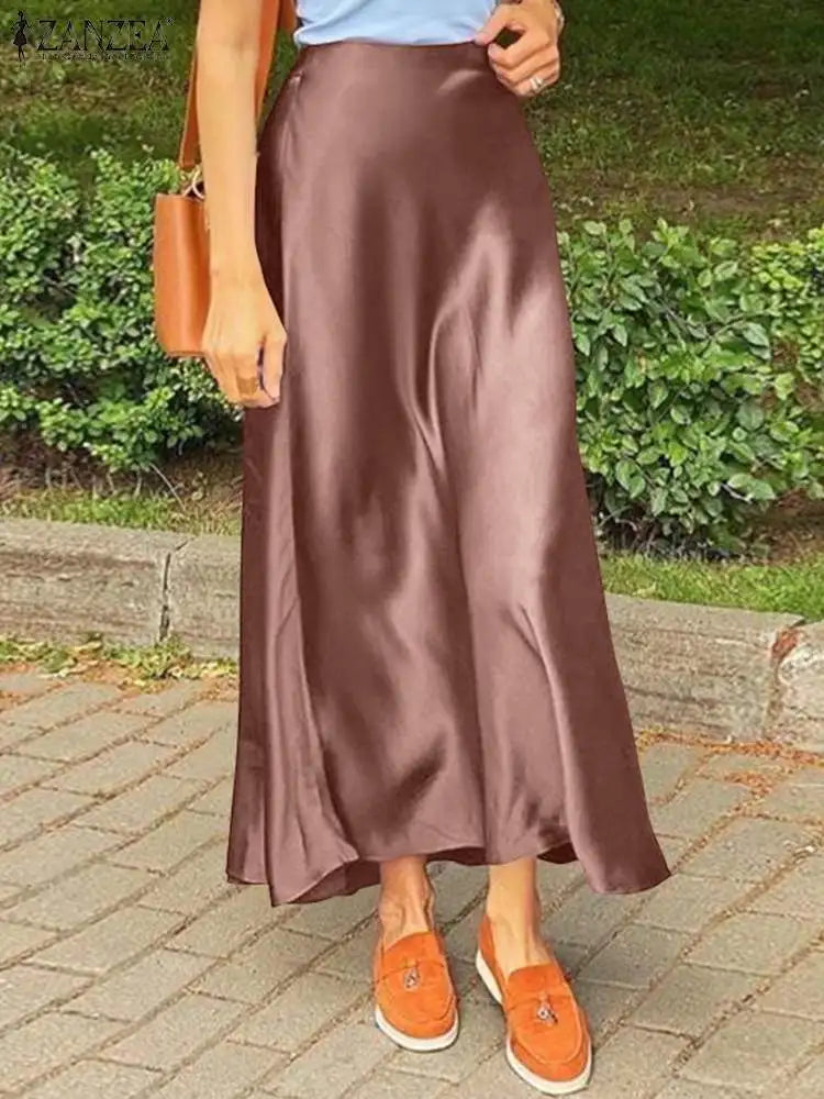 ZANZEA Spring Satin Silk Faldas Saia Women Skirt Autumn Ankle Length Back Zipper Jupe Elegant Fashion Party Solid Sundress 2023